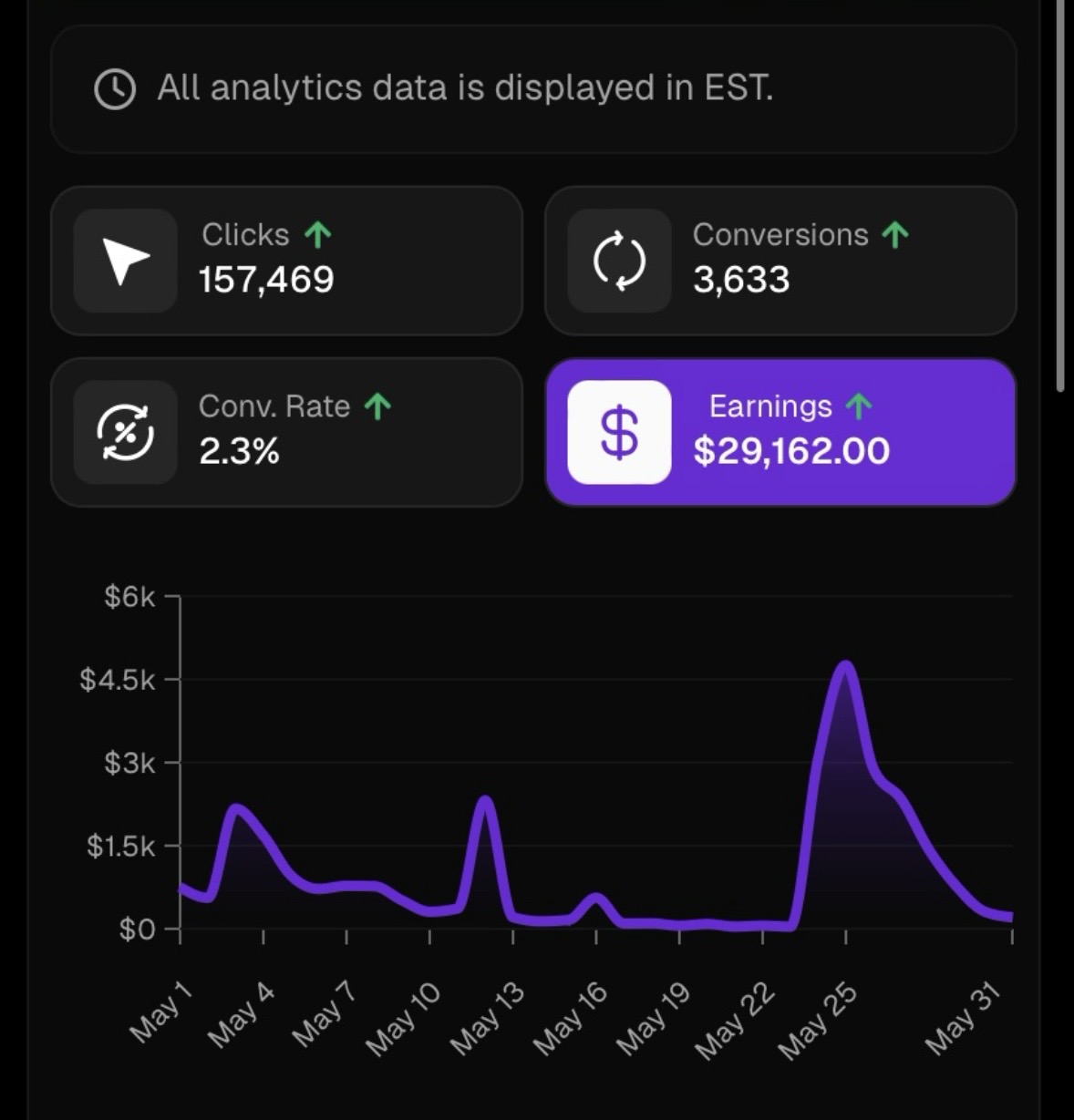Analytics showing $29,162 earnings